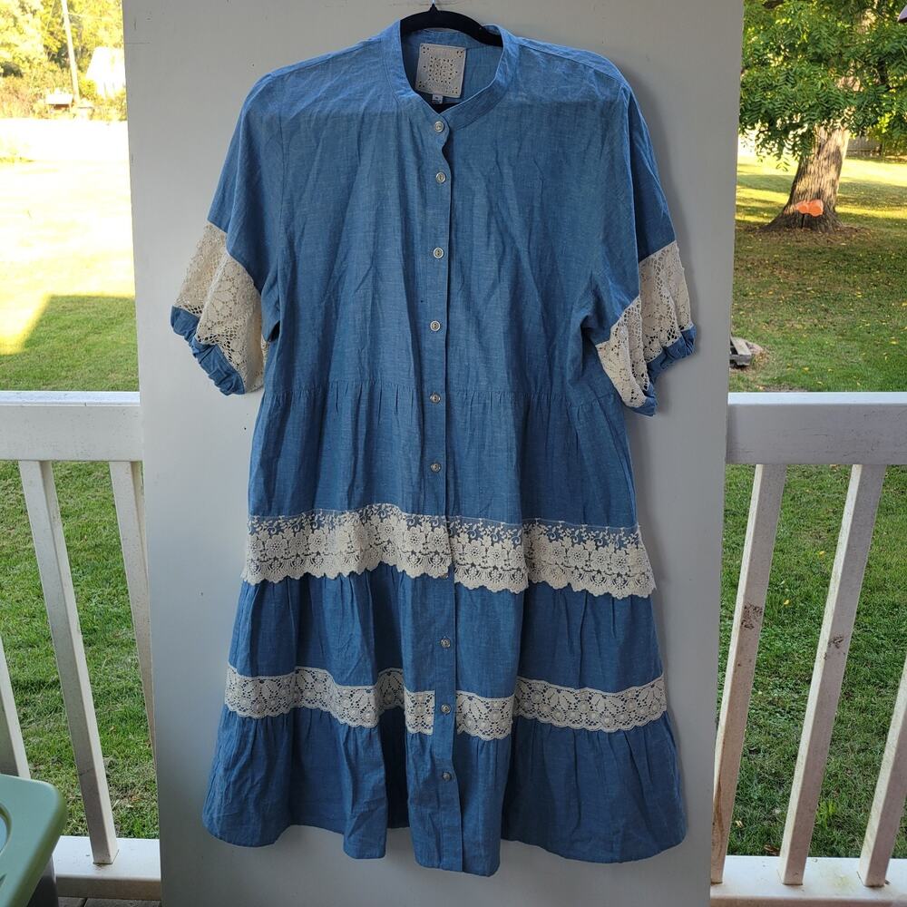 Johnny Was Blue Midi Dress with Cream Lace Trim